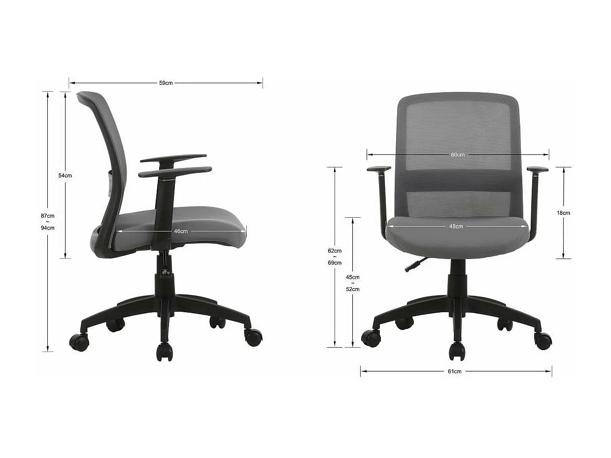 Silla despacho giratoria elevable acabado gris, 61m(ancho) 87/94cm(altura) 59cm(fondo)