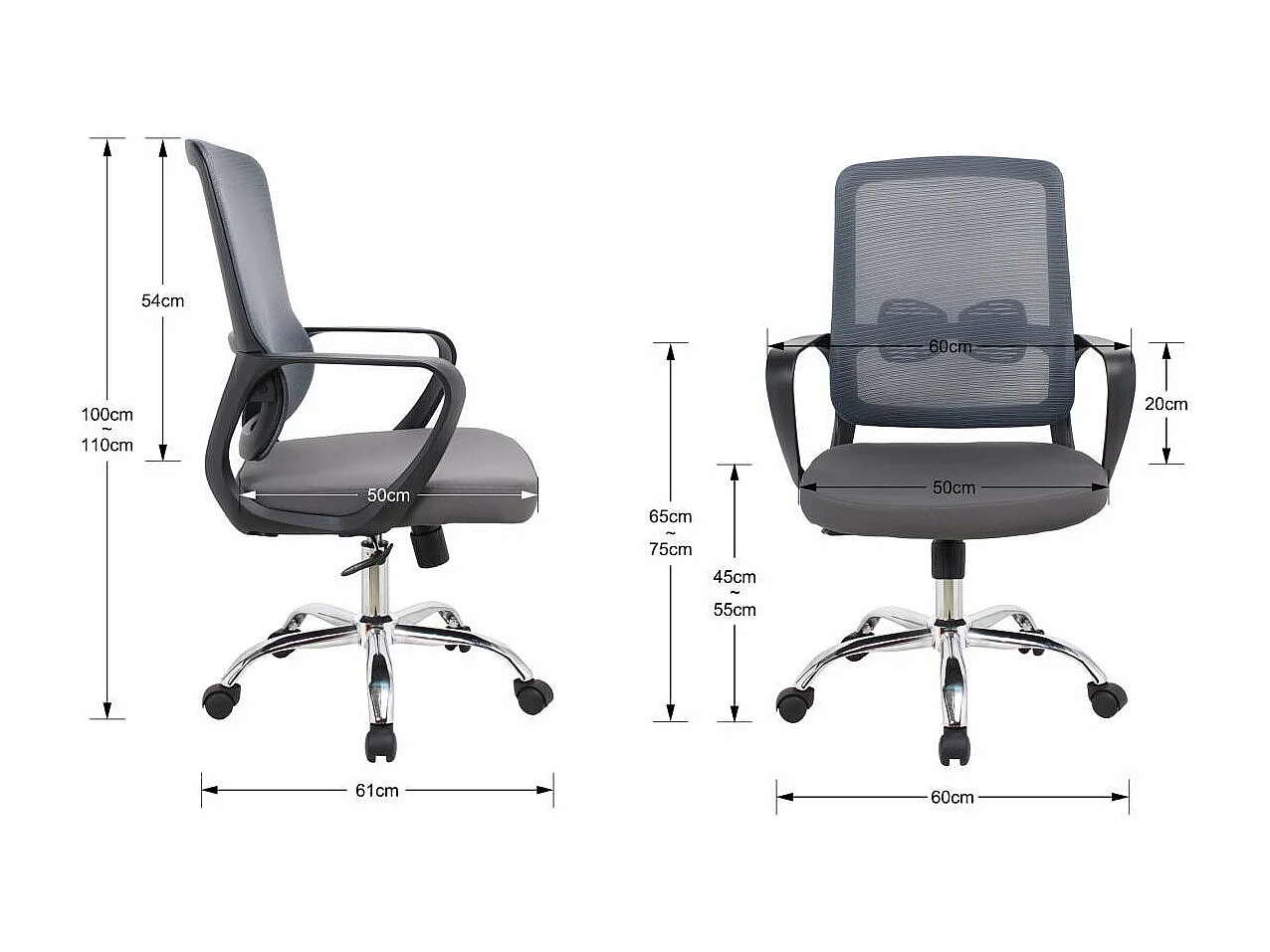 Silla despacho giratoria elevable acabado gris, 60m(ancho) 100/110cm(altura) 61cm(fondo)