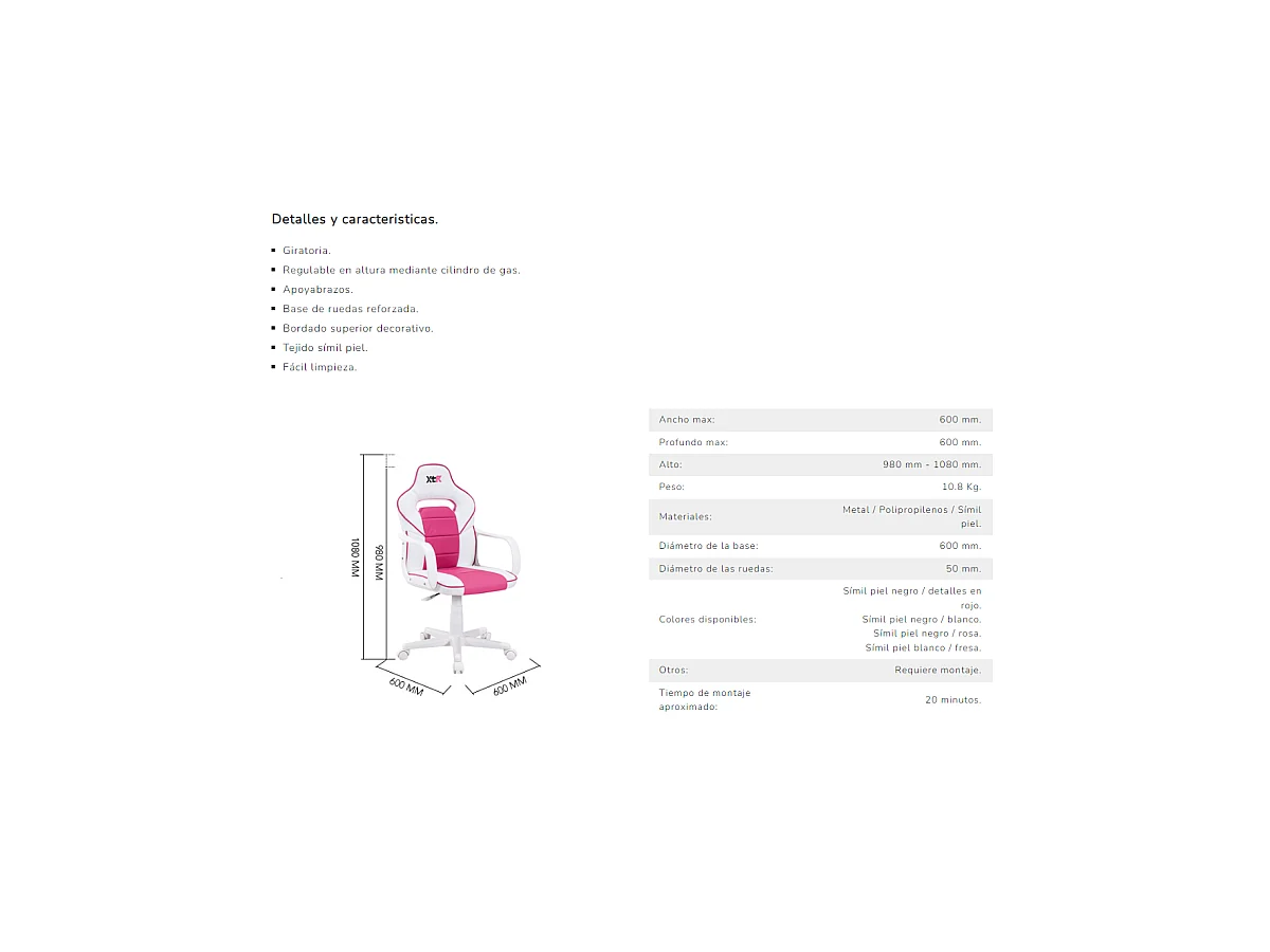 Sillon giratorio Xtr Junior regulable en altura en símil piel blanco/rosa, 98-108 cm(alto
