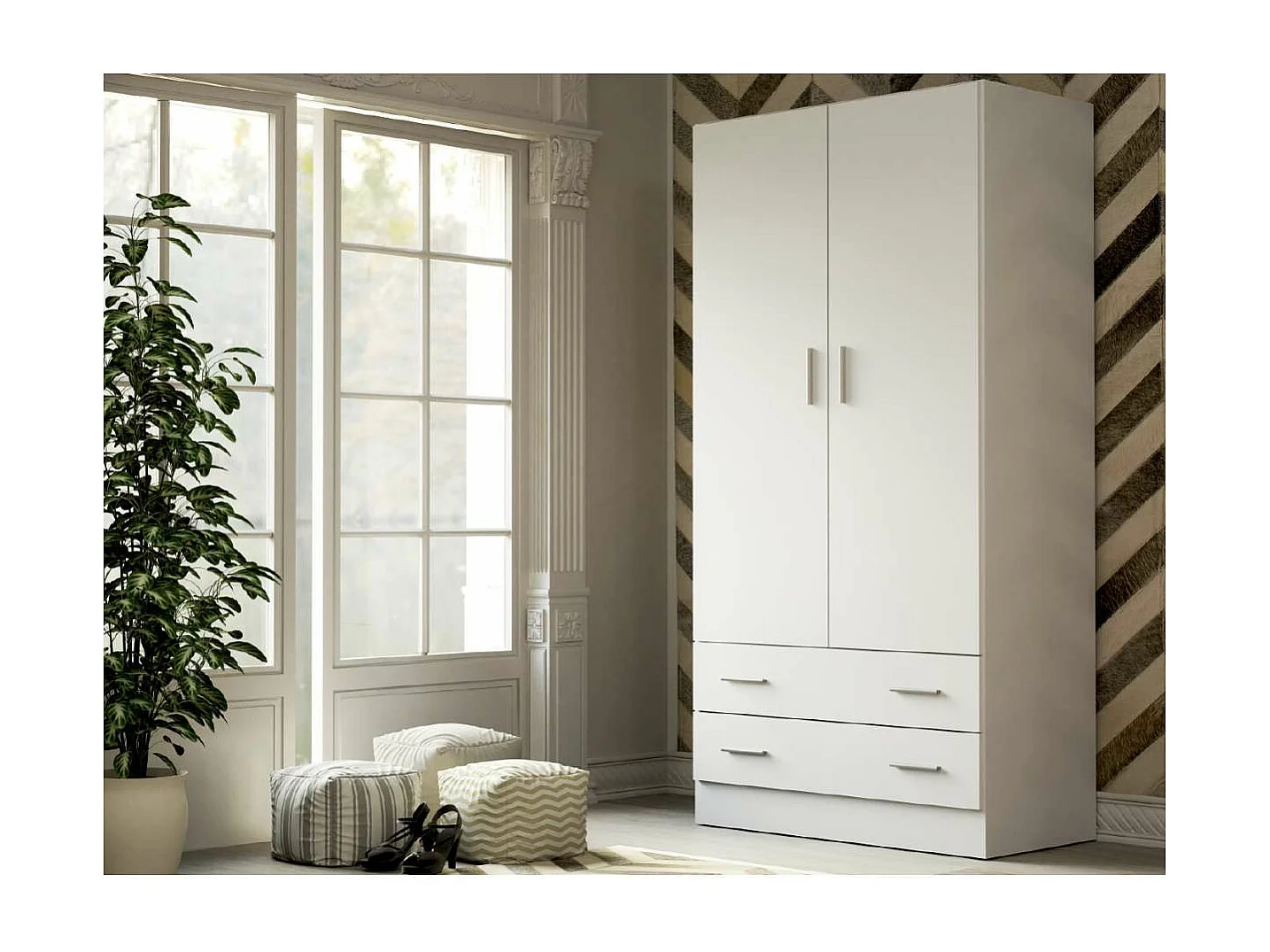 Armario ropero 2 puertas abatibles 2 cajones Lorena acabado blanco, 196cm(alto) 100cm(anch