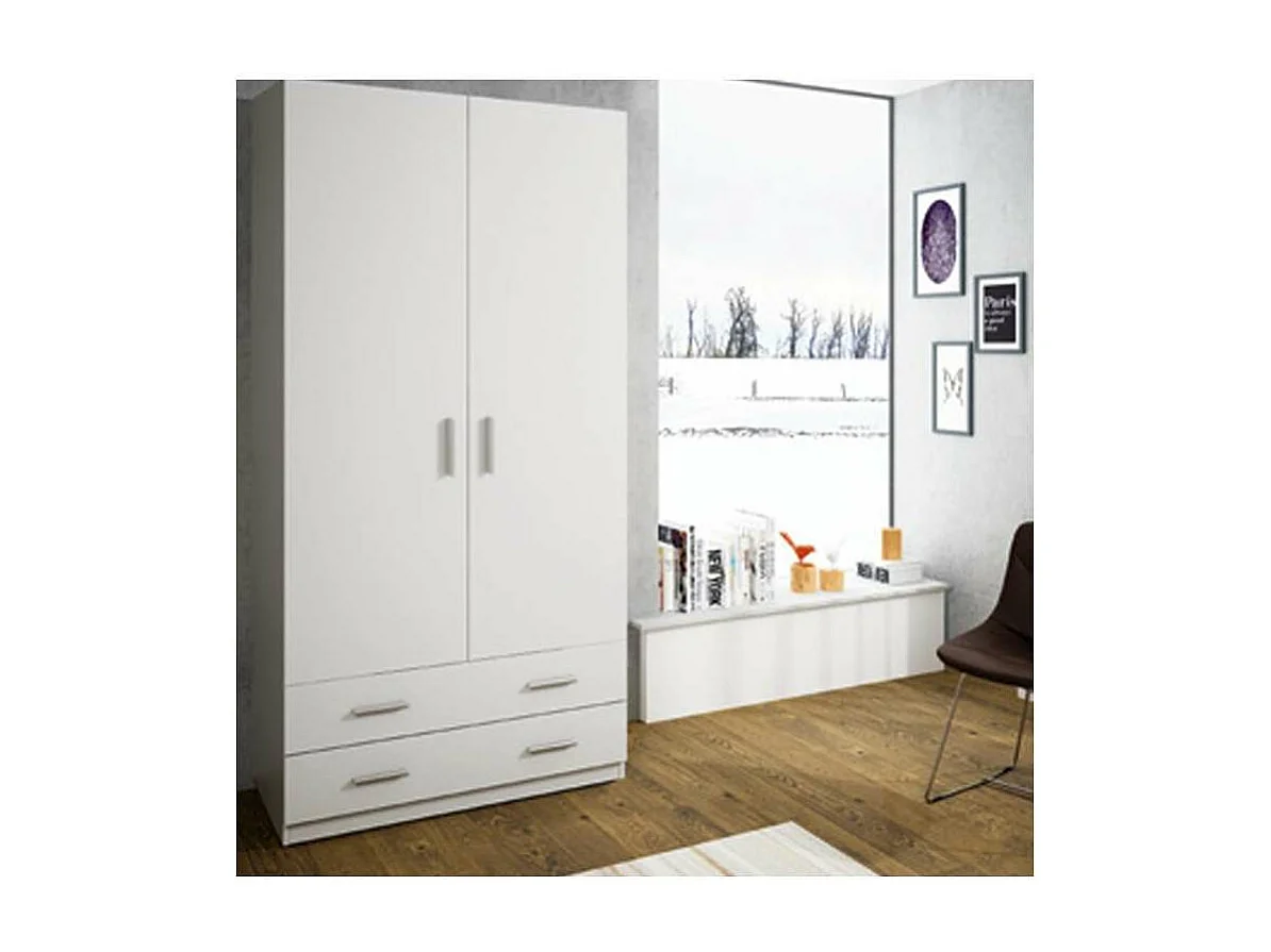 Armario ropero 2 puertas abatibles 2 cajones Lorena acabado blanco, 196cm(alto) 100cm(anch