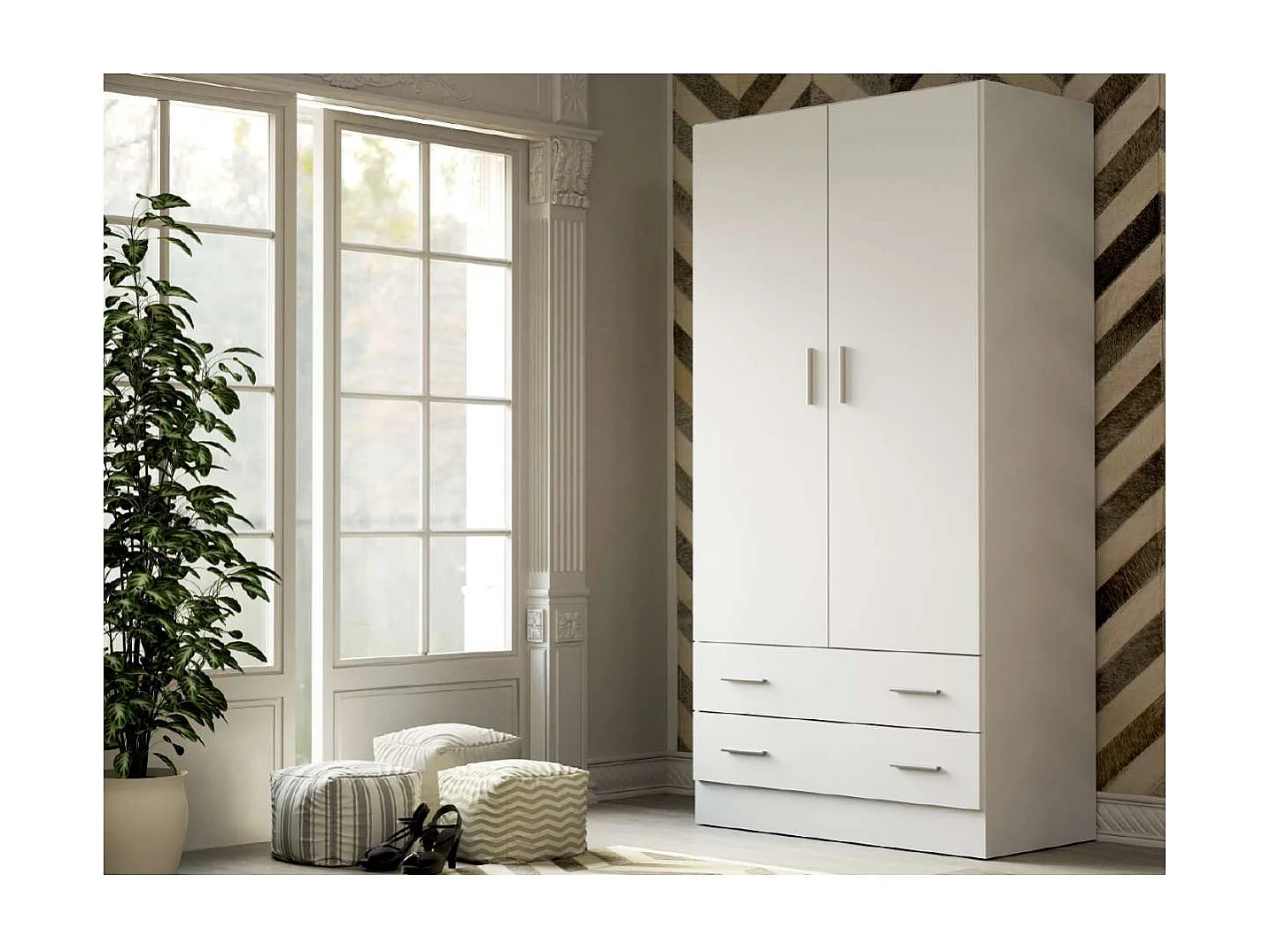 Armario ropero 2 puertas abatibles 2 cajones Lorena acabado blanco, 196cm(alto) 100cm(anch