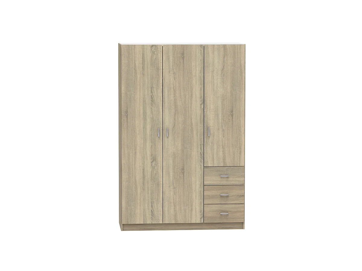 Armario ropero 3 puertas abatibles y 3 cajones Turin acabado roble, 180 cm(ancho)120 cm(an