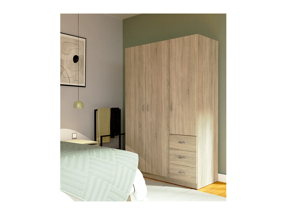 Armario ropero 3 puertas abatibles y 3 cajones Turin acabado roble, 180 cm(ancho)120 cm(an