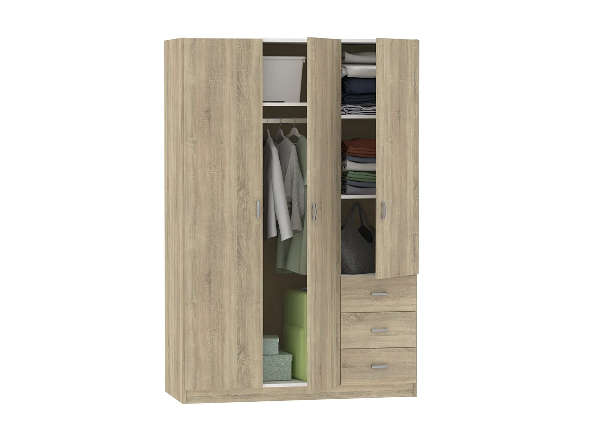 Armario ropero 3 puertas abatibles y 3 cajones Turin acabado roble, 180 cm(ancho)120 cm(an
