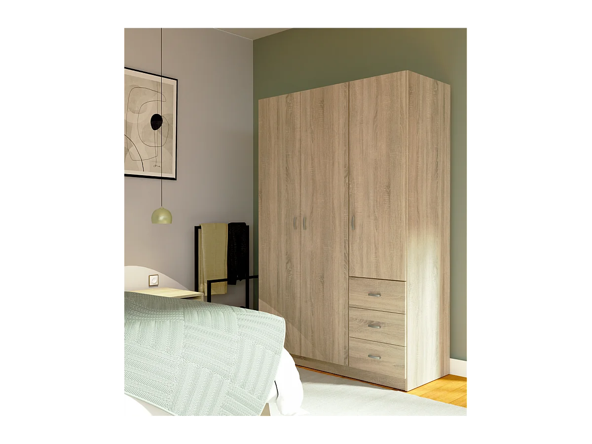 Armario ropero 3 puertas abatibles y 3 cajones Turin acabado roble, 180 cm(ancho)120 cm(an