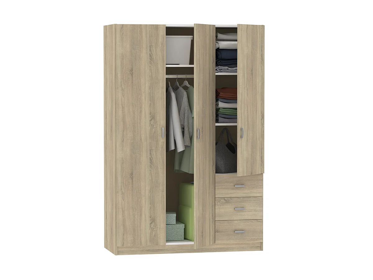 Armario ropero 3 puertas abatibles y 3 cajones Turin acabado roble, 180 cm(ancho)120 cm(an