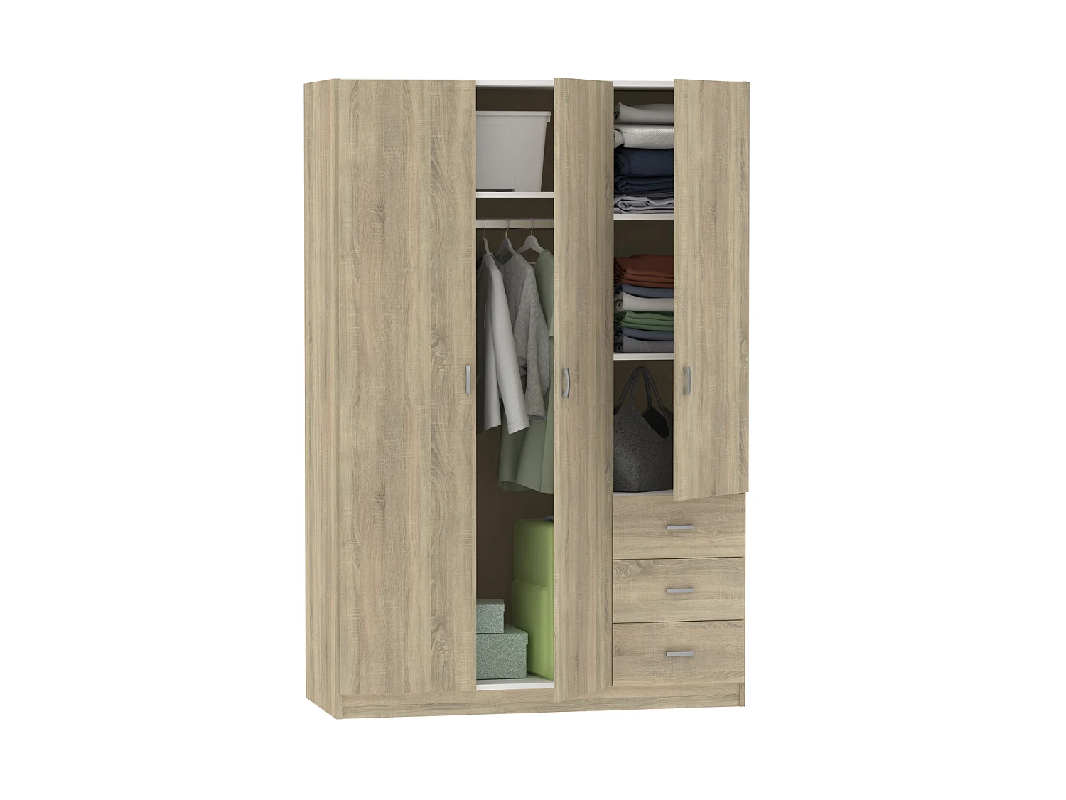 Armario ropero 3 puertas abatibles y 3 cajones Turin acabado roble, 180 cm(ancho)120 cm(an