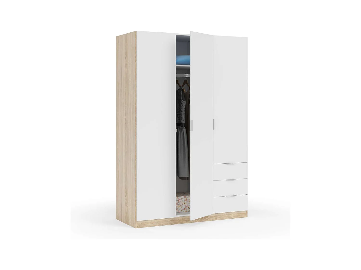 Armario ropero Vanesa 3 puertas abatibles acabado blanco artik y roble canadian. 180 cm (a