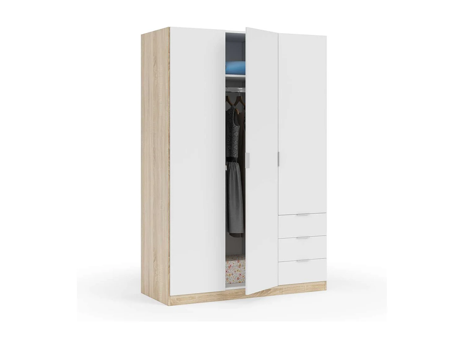 Armario ropero Vanesa 3 puertas abatibles acabado blanco artik y roble canadian. 180 cm (a