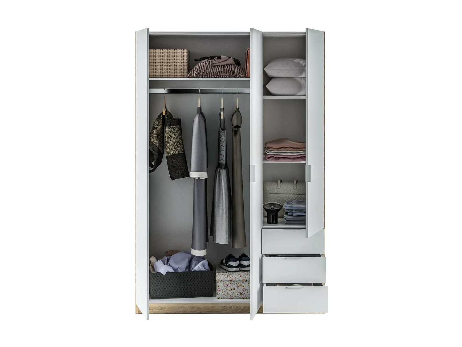 Armario ropero Vanesa 3 puertas abatibles acabado blanco artik y roble canadian. 180 cm (a