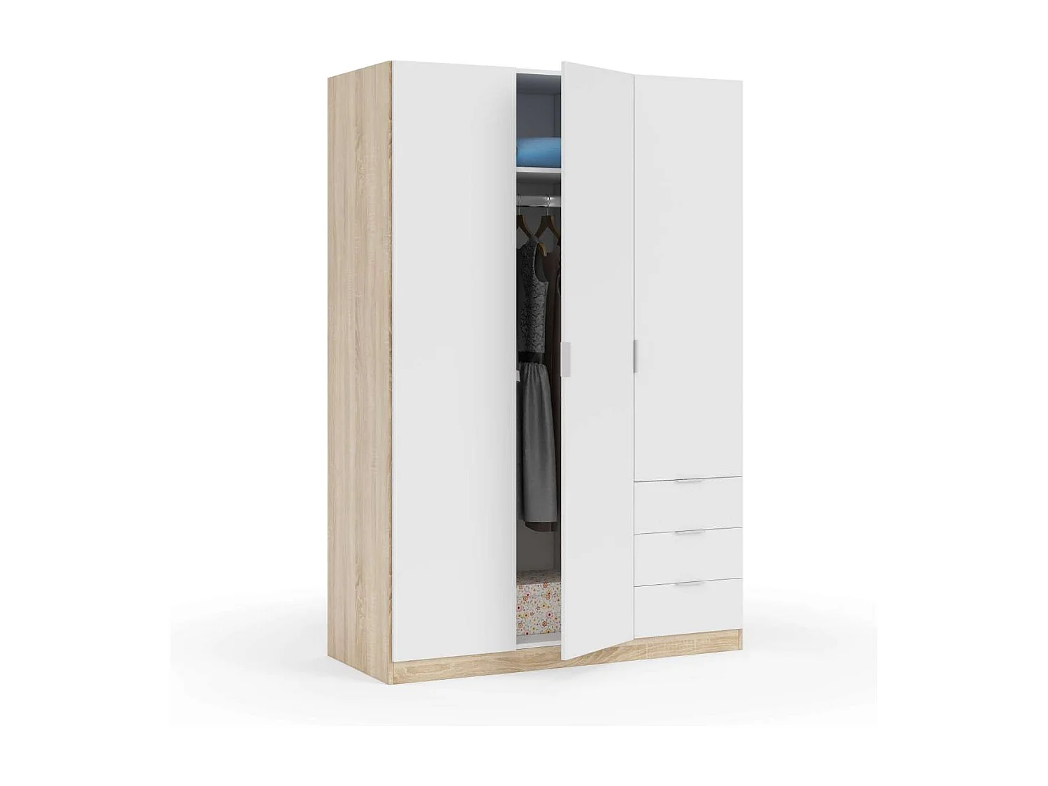 Armario ropero Vanesa 3 puertas abatibles acabado blanco artik y roble canadian. 180 cm (a