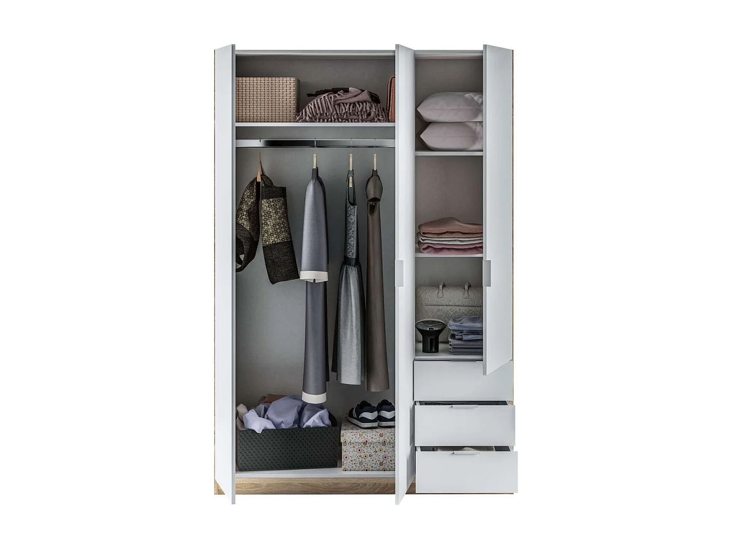 Armario ropero Vanesa 3 puertas abatibles acabado blanco artik y roble canadian. 180 cm (a