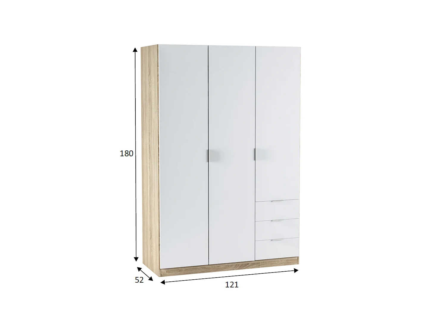 Armario ropero Vanesa 3 puertas abatibles acabado blanco artik y roble canadian. 180 cm (a