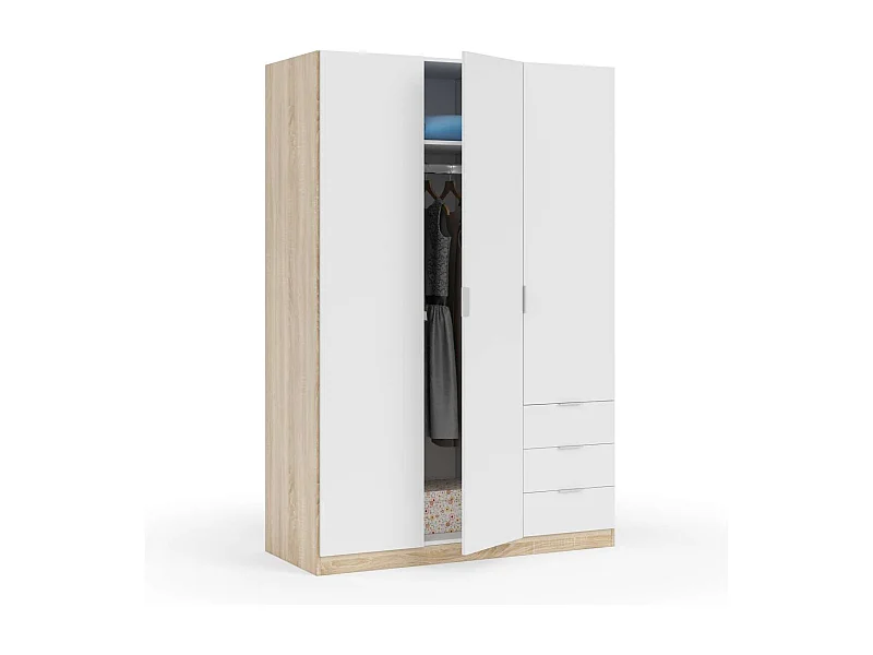 Armario ropero Vanesa 3 puertas abatibles acabado blanco artik y roble canadian. 180 cm (a
