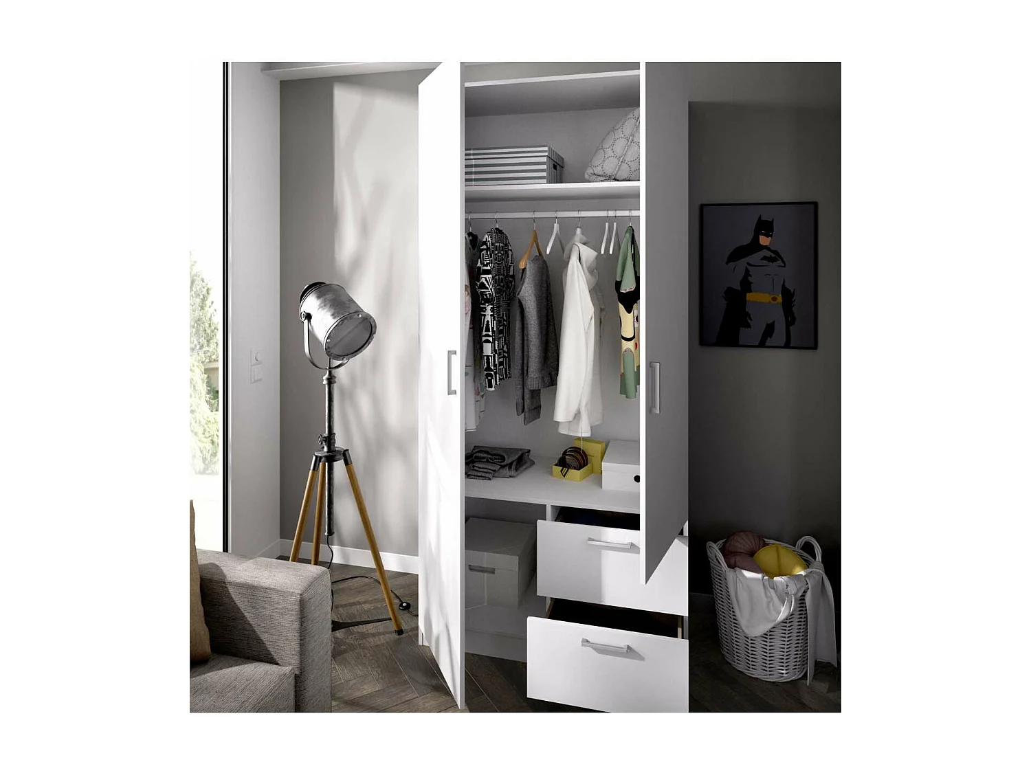 Armario ropero 2 puertas abatibles 2 cajones Huesa en blanco 215 cm(alto)100 cm(ancho)52 c