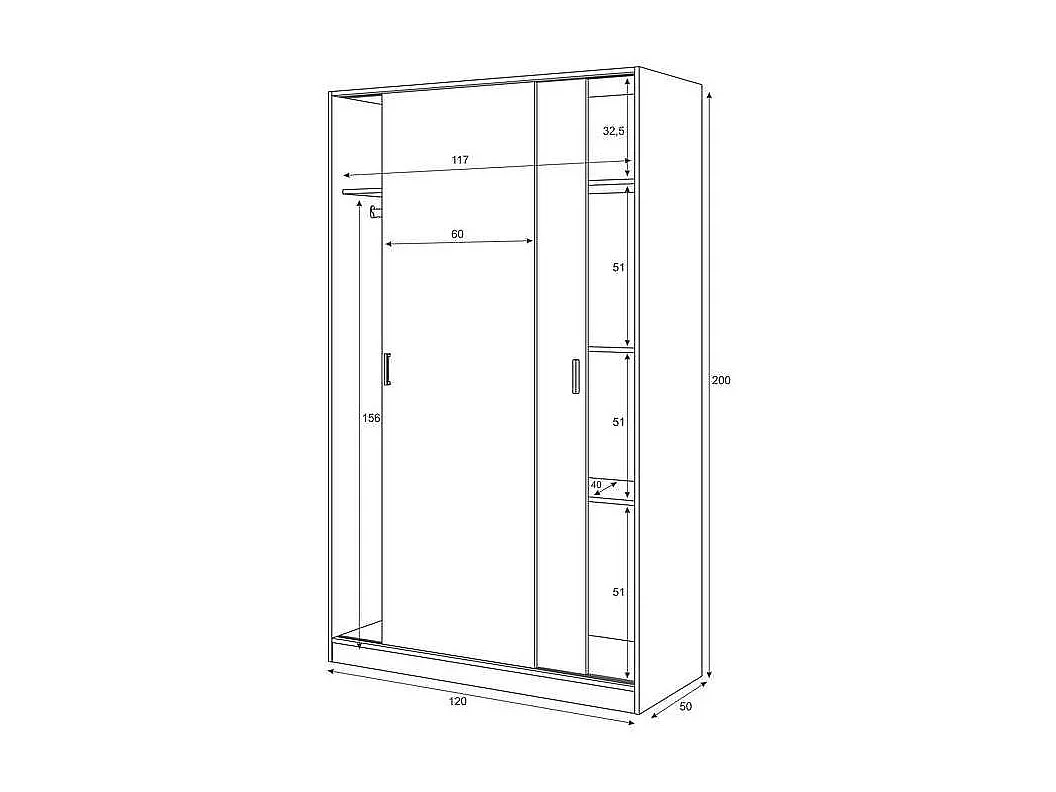 Armario ropero Alba puertas correderas acabado blanco 200 cm(alto)120 cm(ancho)50 cm(largo