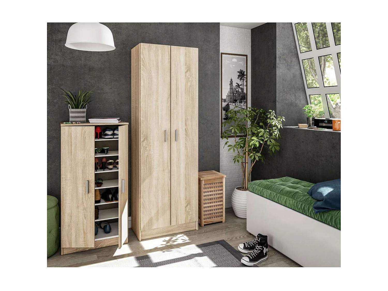 Armario zapatero Milan 2 puertas en acabado roble. 59 cm(ancho) 180 cm(altura) 37 cm(fondo