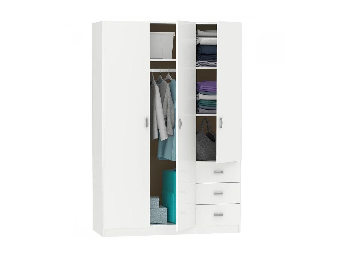 Armario ropero 3 puertas abatibles y 3 cajones Turin acabado blanco brillo, 180 cm(alto)12