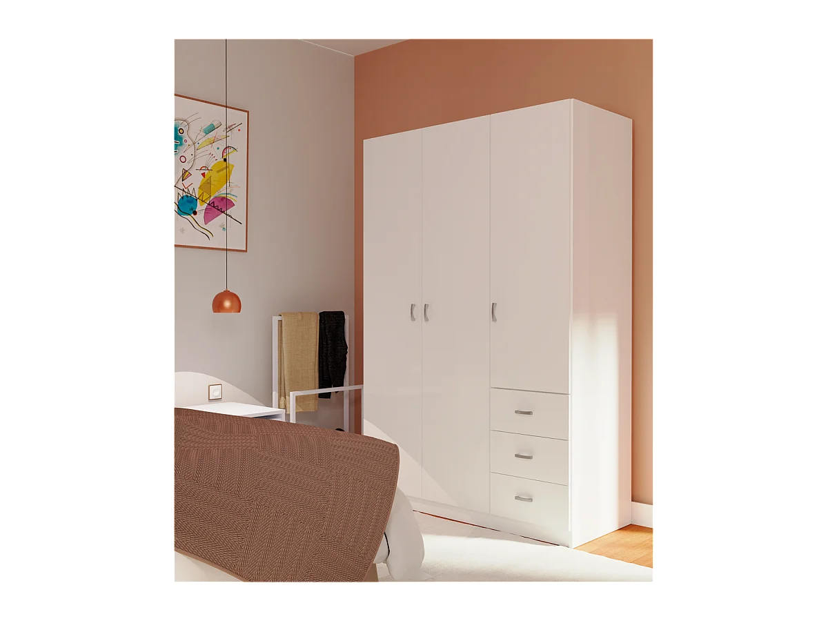 Armario ropero 3 puertas abatibles y 3 cajones Turin acabado blanco brillo, 180 cm(alto)12