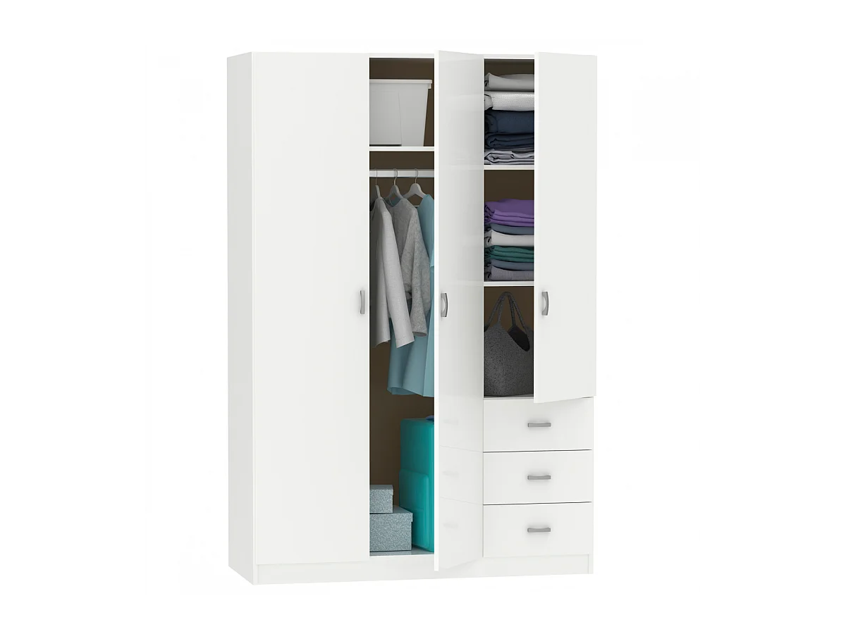 Armario ropero 3 puertas abatibles y 3 cajones Turin acabado blanco brillo, 180 cm(alto)12