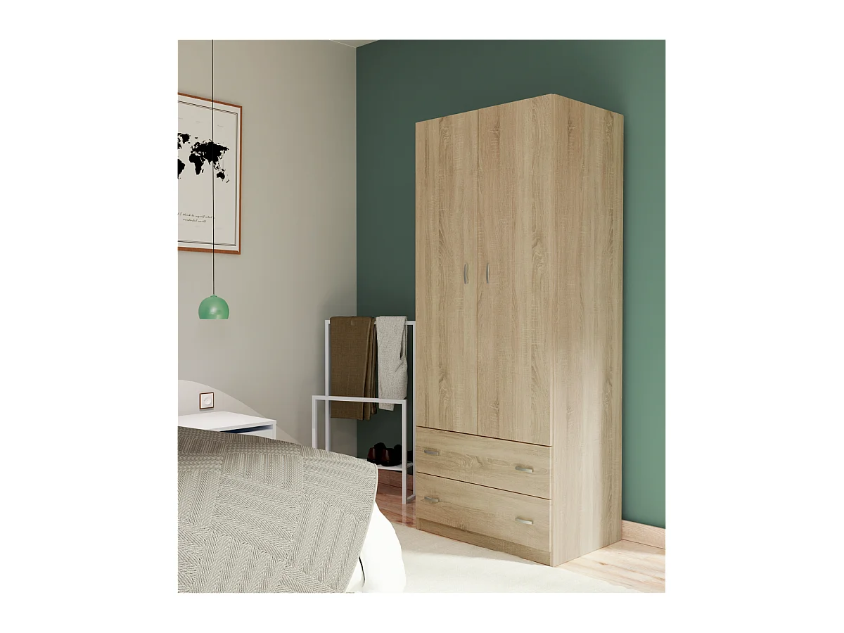 Armario ropero 2 puertas abatibles y 2 cajones Turin acabado roble, 180 cm(alto)74 cm(anch