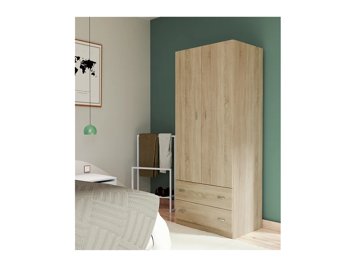 Armario ropero 2 puertas abatibles y 2 cajones Turin acabado roble, 180 cm(alto)74 cm(anch