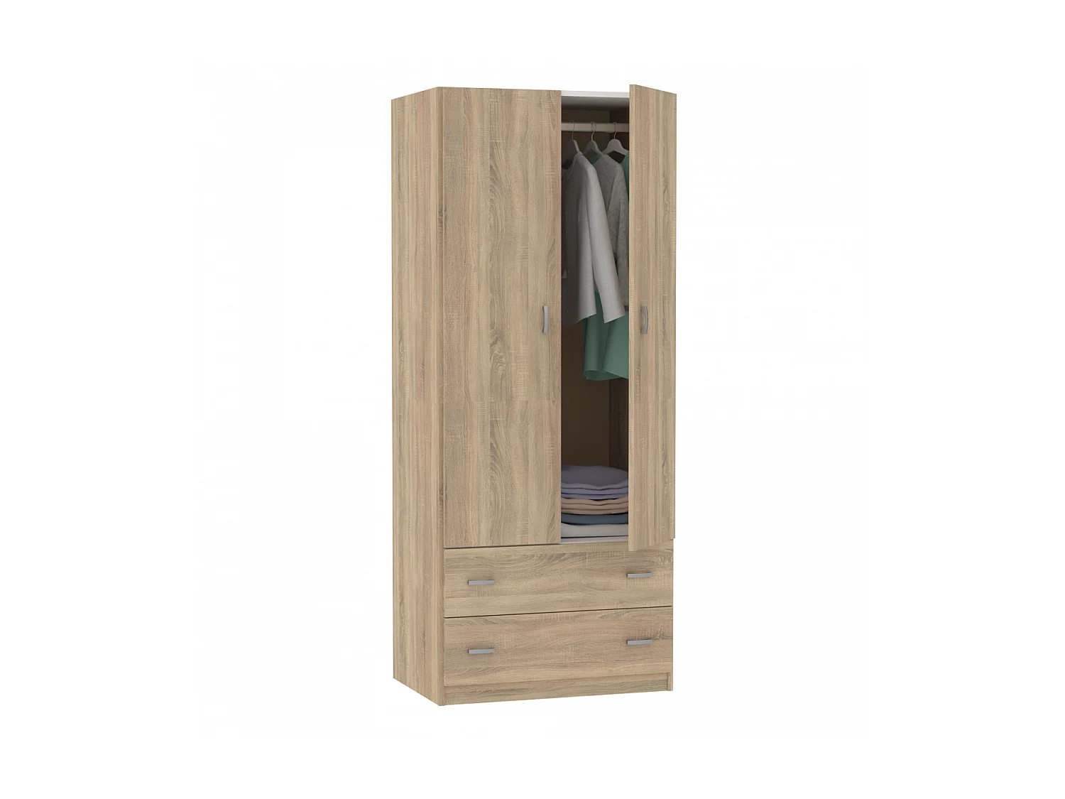 Armario ropero 2 puertas abatibles y 2 cajones Turin acabado roble, 180 cm(alto)74 cm(anch