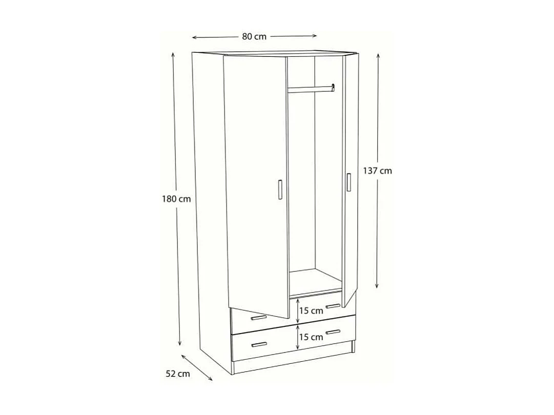 Armario 2 puertas abatibles 2 cajones acabado blanco, 180 cm(alto)80,4 cm(ancho)52 cm(fond