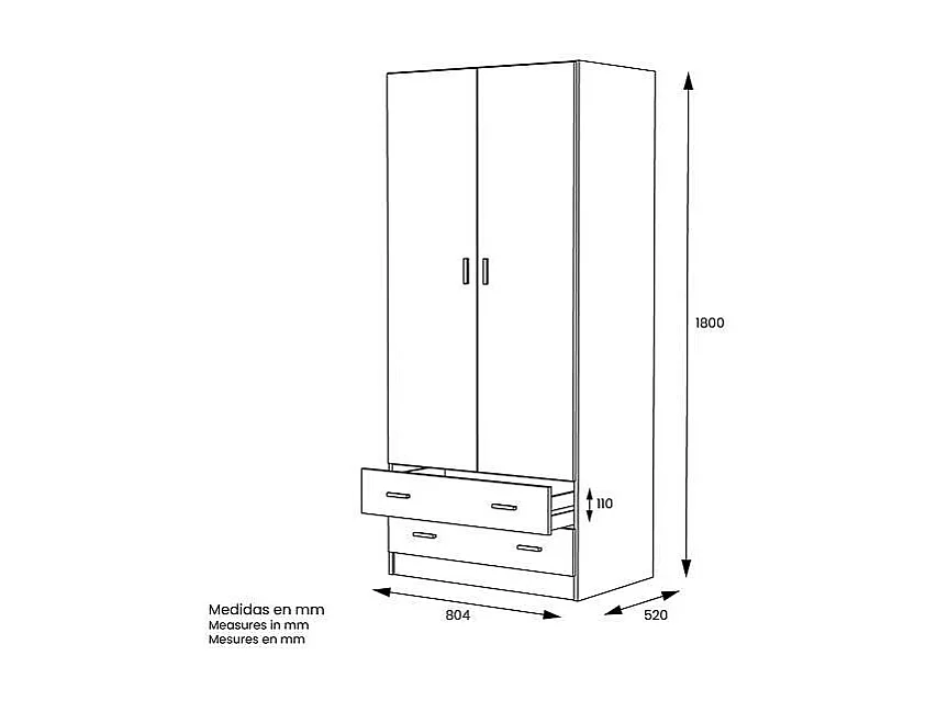 Armario 2 puertas abatibles 2 cajones acabado blanco, 180 cm(alto)80,4 cm(ancho)52 cm(fond
