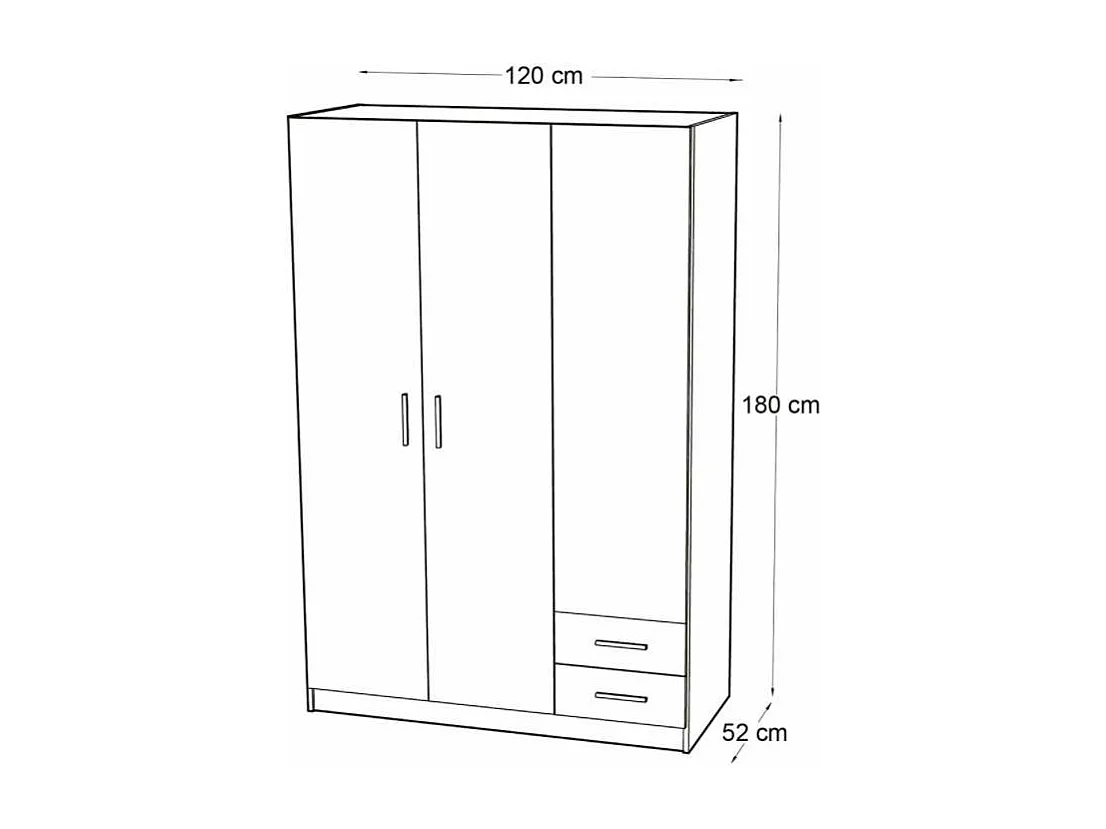 Armario 3 puertas abatibles 2 cajones acabado blanco, 180 cm(alto)120 cm(ancho)52 cm(fondo