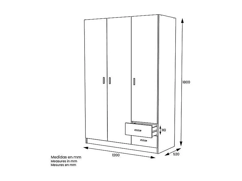 Armario 3 puertas abatibles 2 cajones acabado blanco, 180 cm(alto)120 cm(ancho)52 cm(fondo