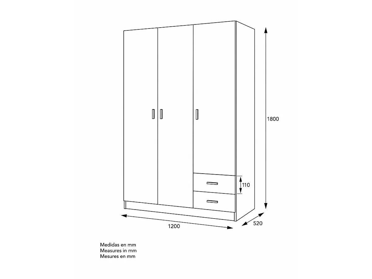 Armario 3 puertas abatibles 2 cajones acabado blanco, 180 cm(alto)120 cm(ancho)52 cm(fondo