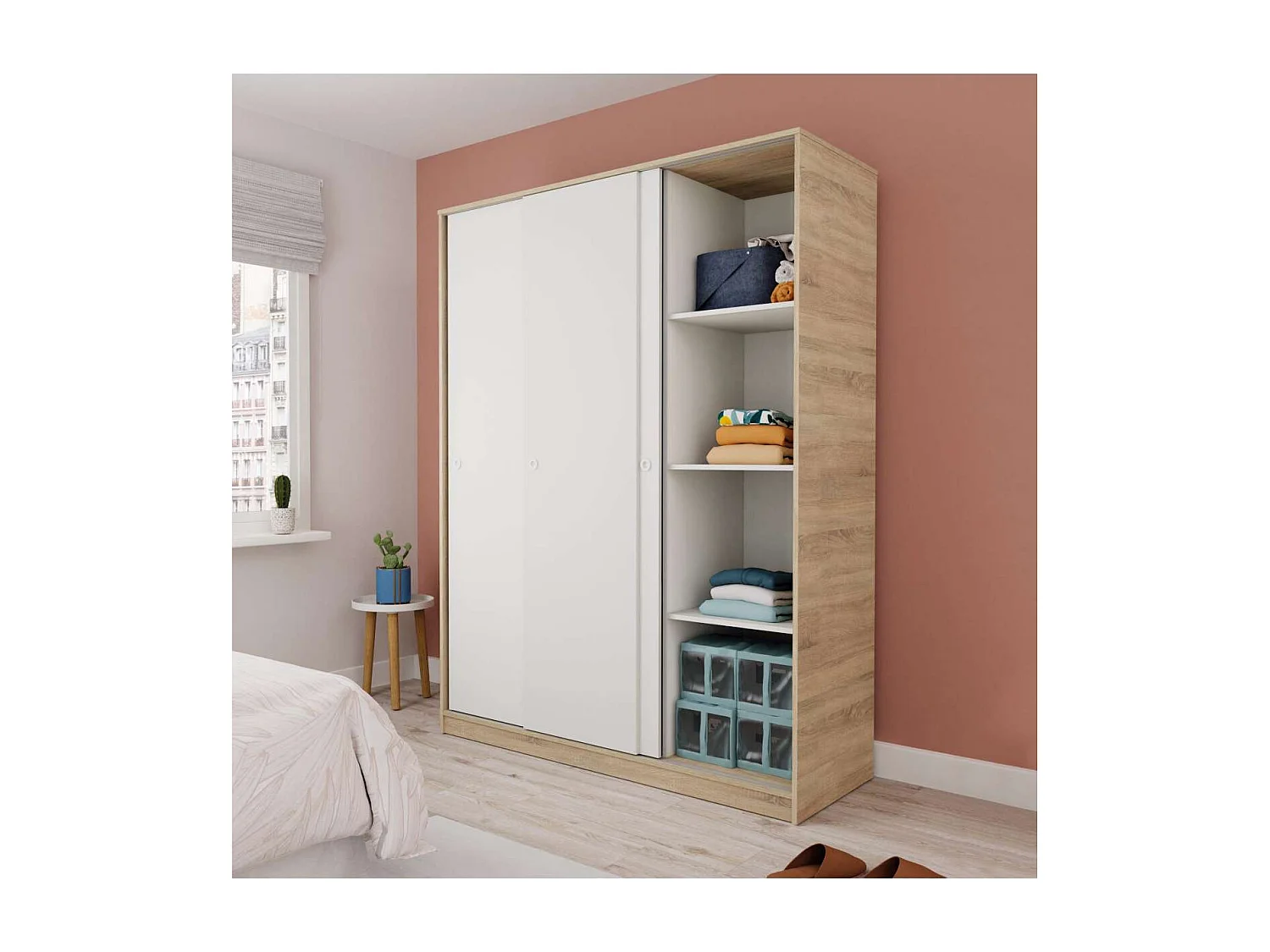 Armario ropero 3 puertas correderas Tibet acabado roble cambrian-blanco, 200 cm(alto)150 c