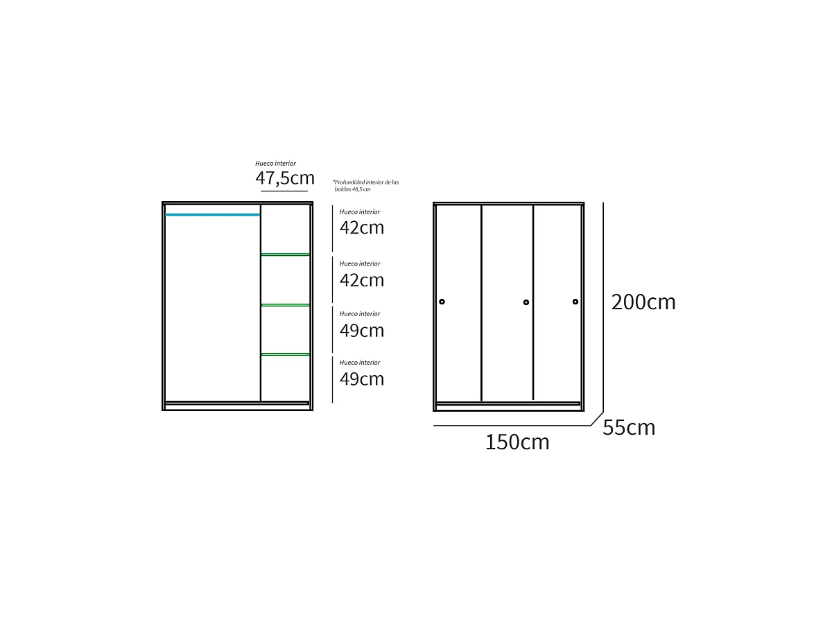Armario ropero 3 puertas correderas Tibet acabado roble cambrian-blanco, 200 cm(alto)150 c