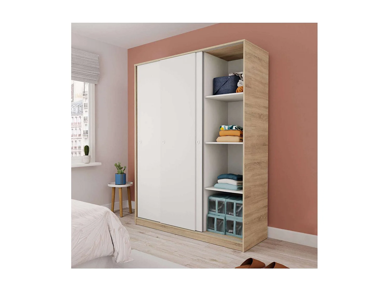 Armario ropero 3 puertas correderas Tibet acabado roble cambrian-blanco, 200 cm(alto)150 c