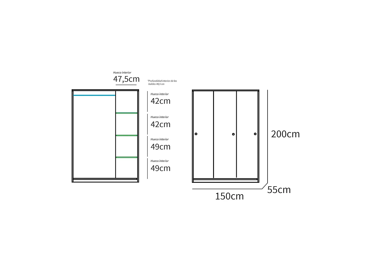 Armario ropero 3 puertas correderas Tibet acabado roble cambrian-blanco, 200 cm(alto)150 c