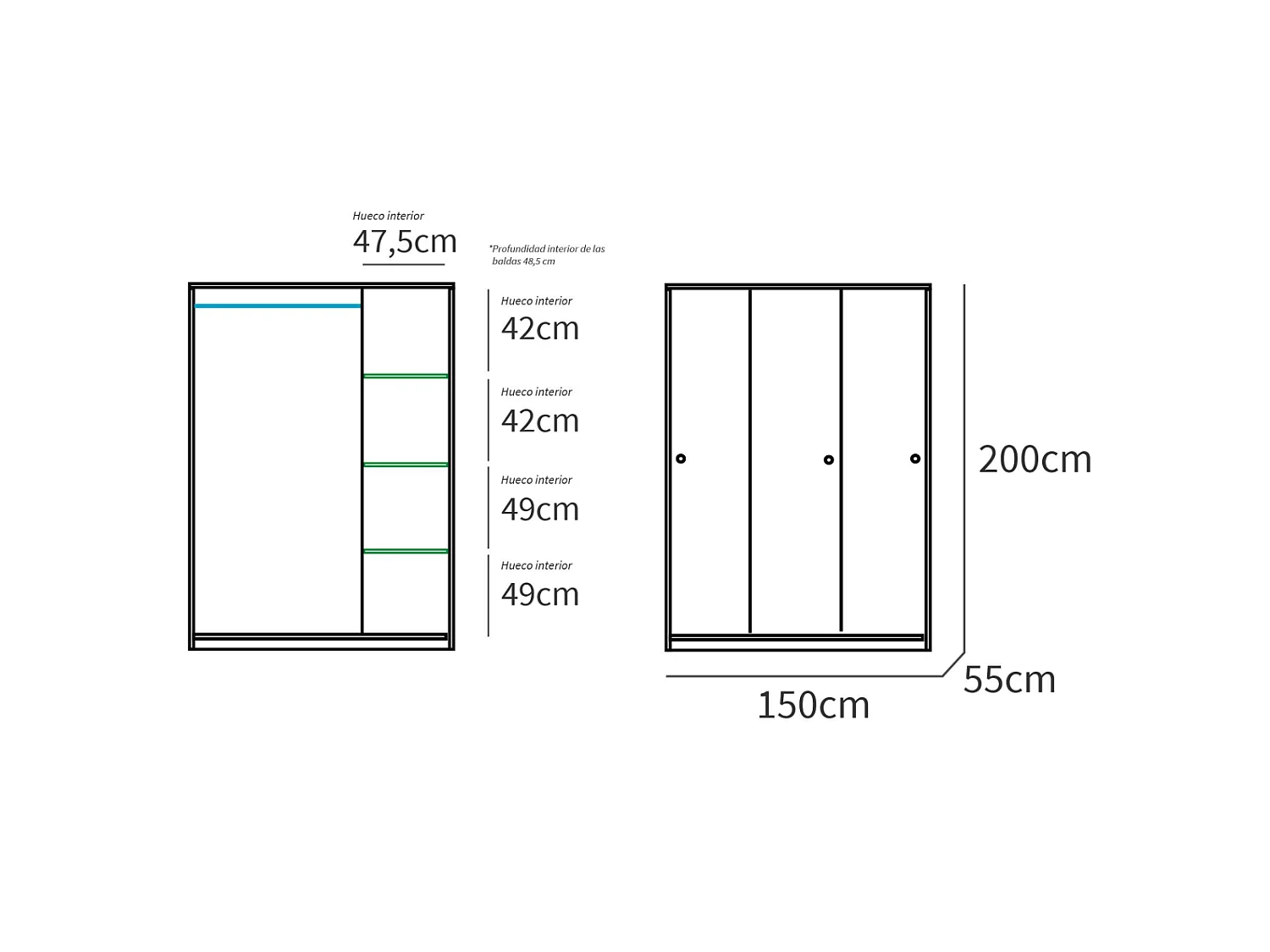 Armario ropero 3 puertas correderas Tibet acabado roble cambrian-blanco, 200 cm(alto)150 c
