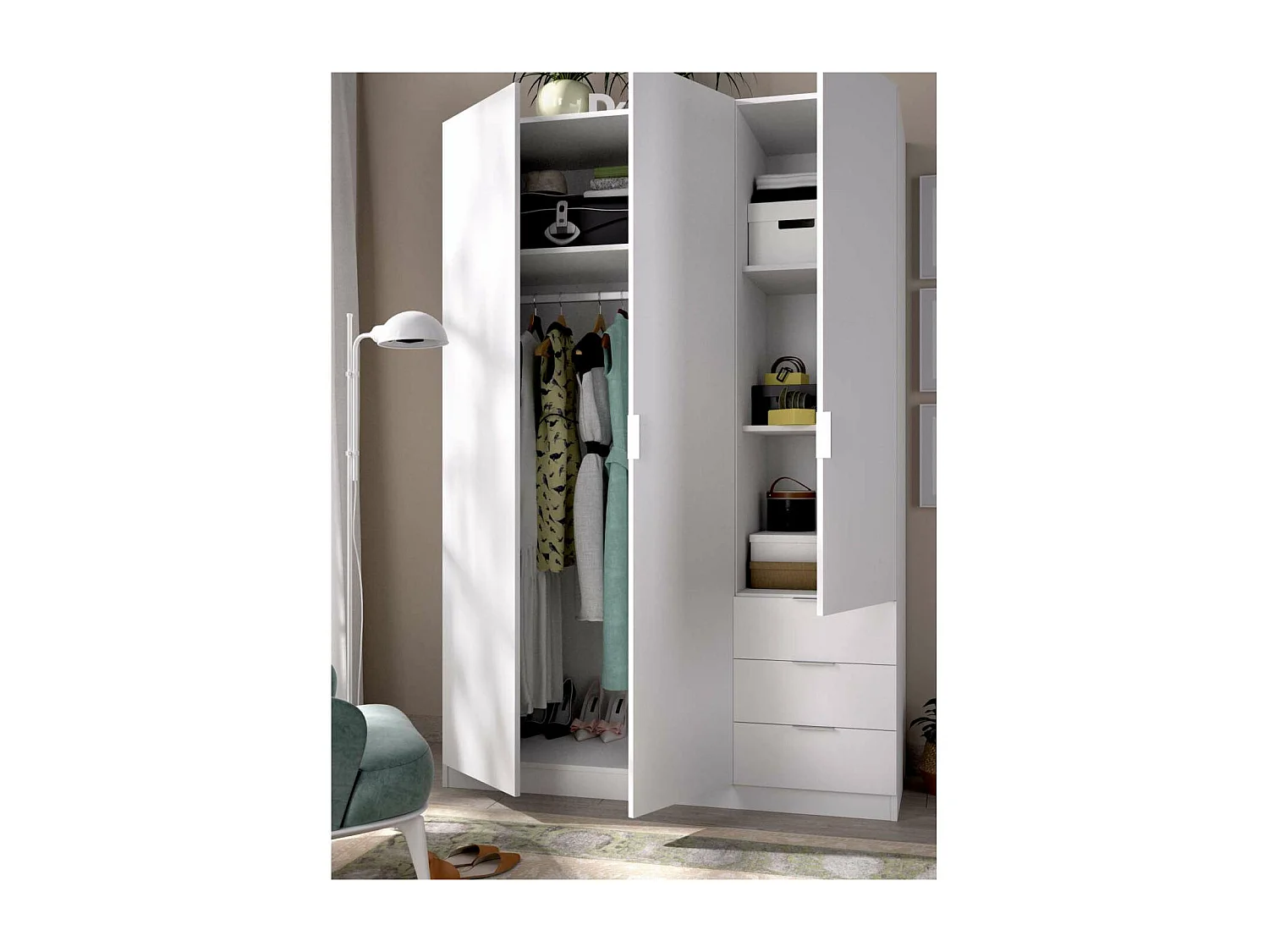 Armario ropero Marcela 3 puertas abatibles y 3 cajones en blanco 184 cm(alto)121 cm(ancho)