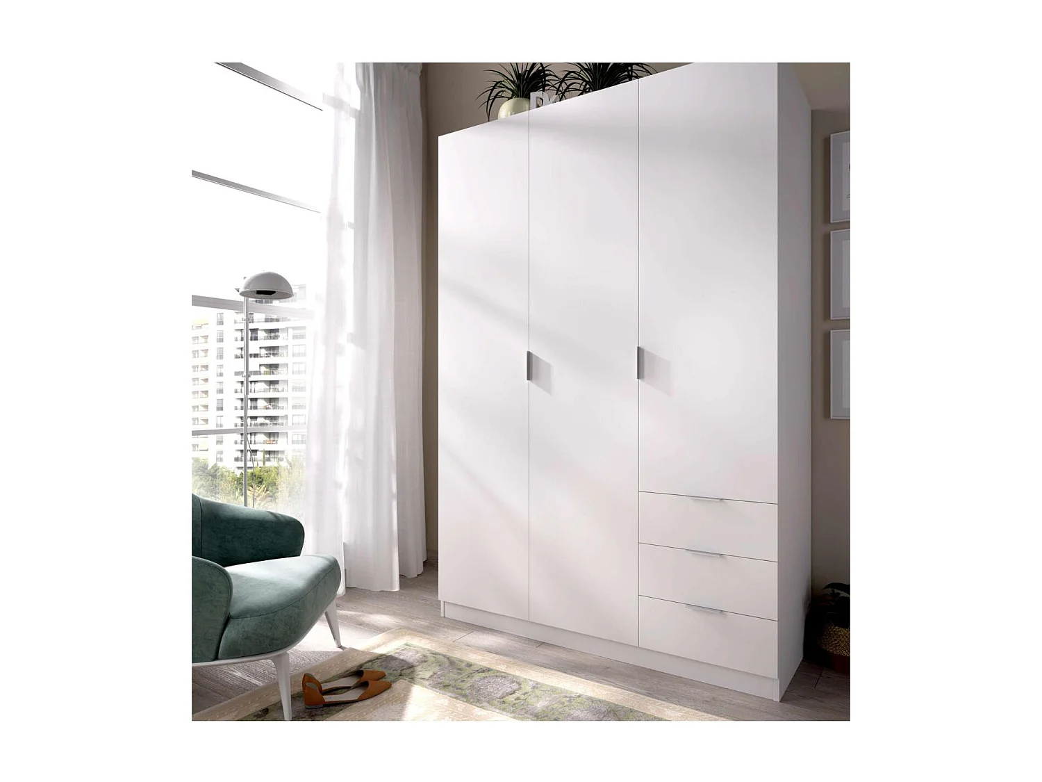 Armario ropero Marcela 3 puertas abatibles y 3 cajones en blanco 184 cm(alto)121 cm(ancho)