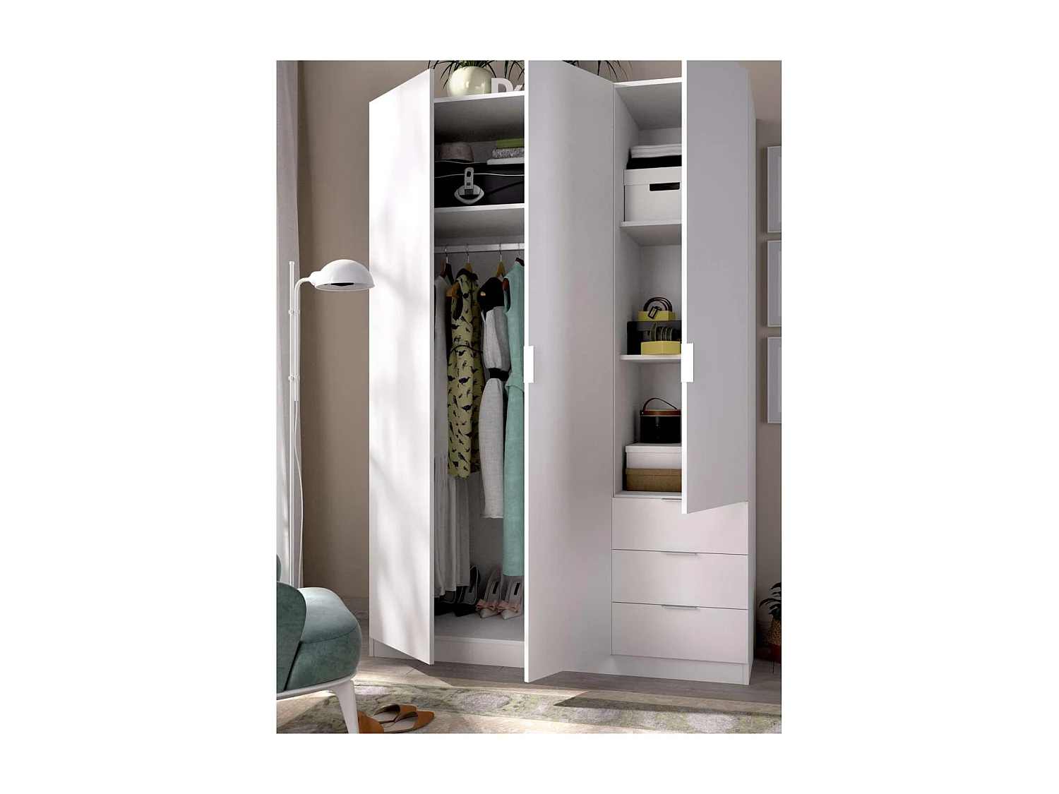 Armario ropero Marcela 3 puertas abatibles y 3 cajones en blanco 184 cm(alto)121 cm(ancho)