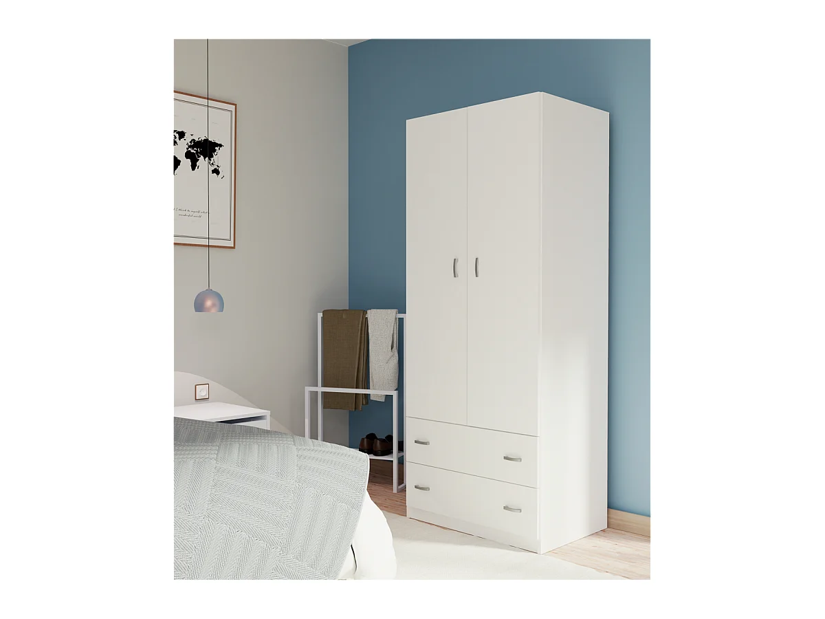 Armario ropero 2 puertas abatibles y 2 cajones Turin acabado blanco, 180 cm(alto)74 cm(anc