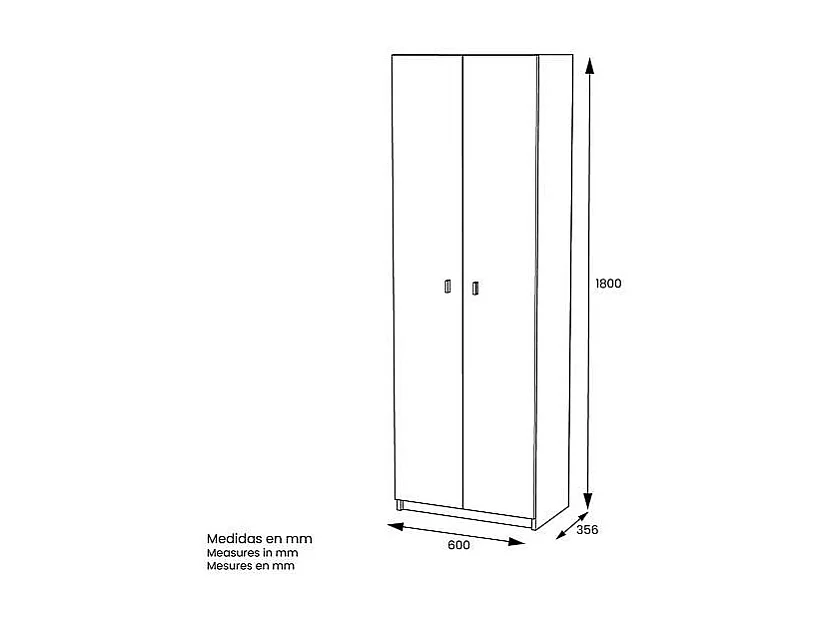 Armario dos puertas en acabado color blanco 60 cm(ancho) 180 cm(altura) 35.6 cm(fondo)