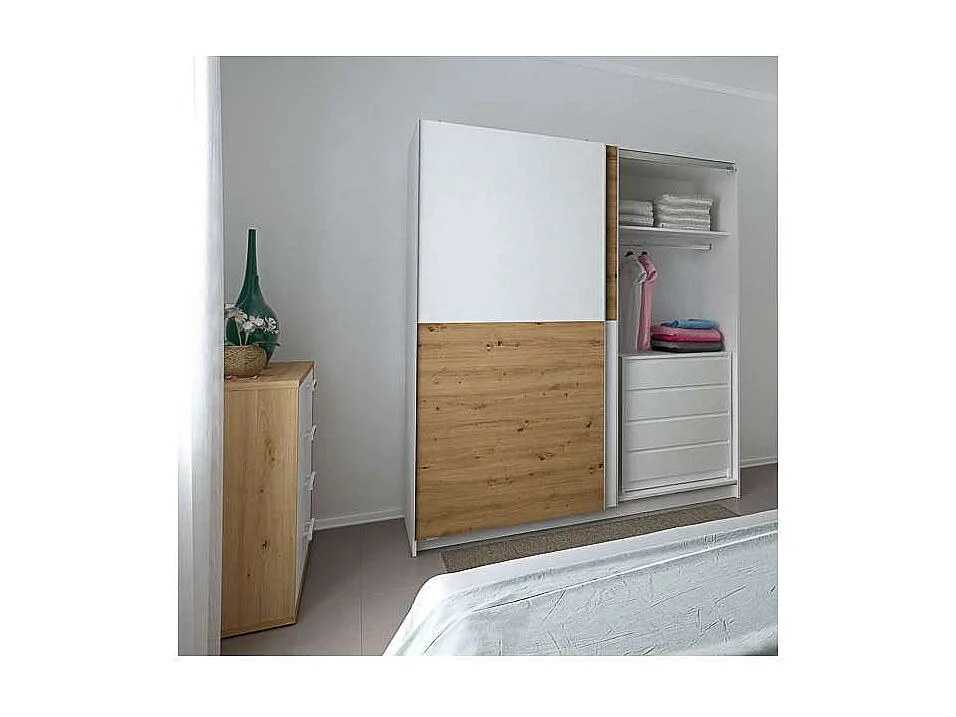 Armario 2 puertas correderas acabado en blanco poro/roble albar, 200 cm(alto)180 cm(ancho)