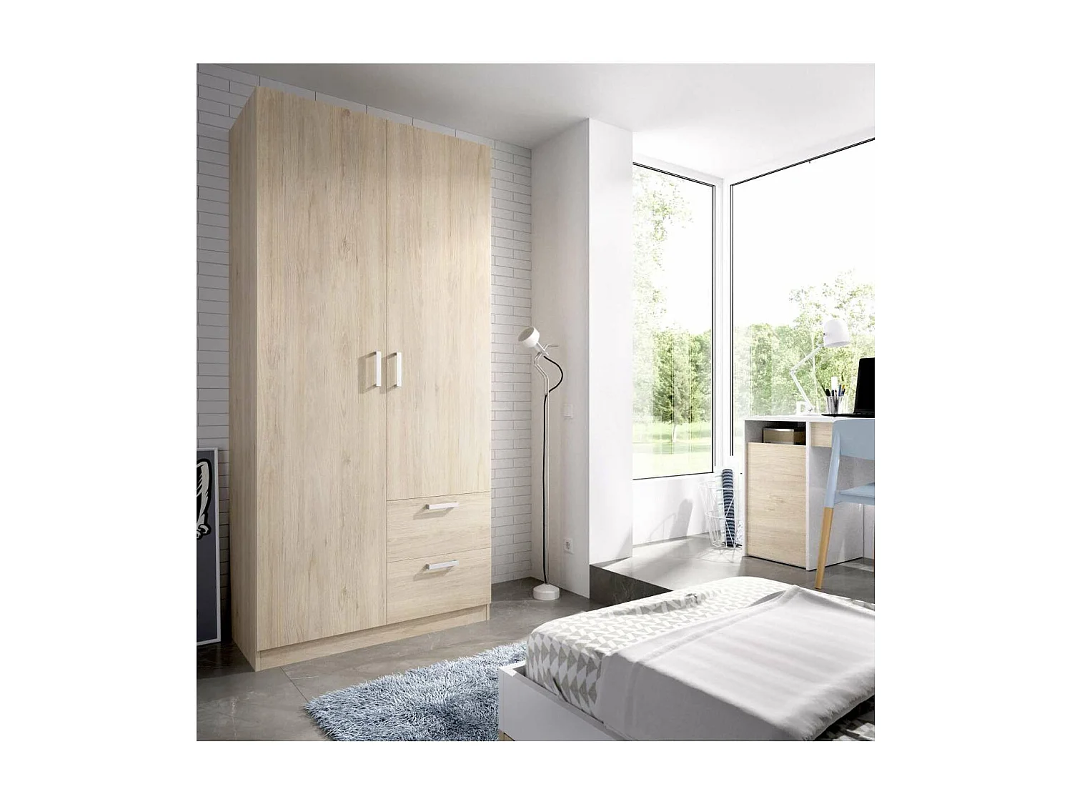 Armario ropero 2 puertas abatibles 2 cajones Huesa en roble natural 215 cm(alto)100 cm(anc