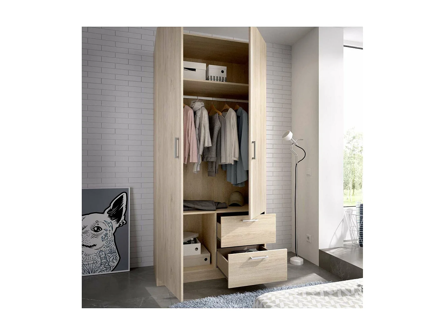 Armario ropero 2 puertas abatibles 2 cajones Huesa en roble natural 215 cm(alto)100 cm(anc