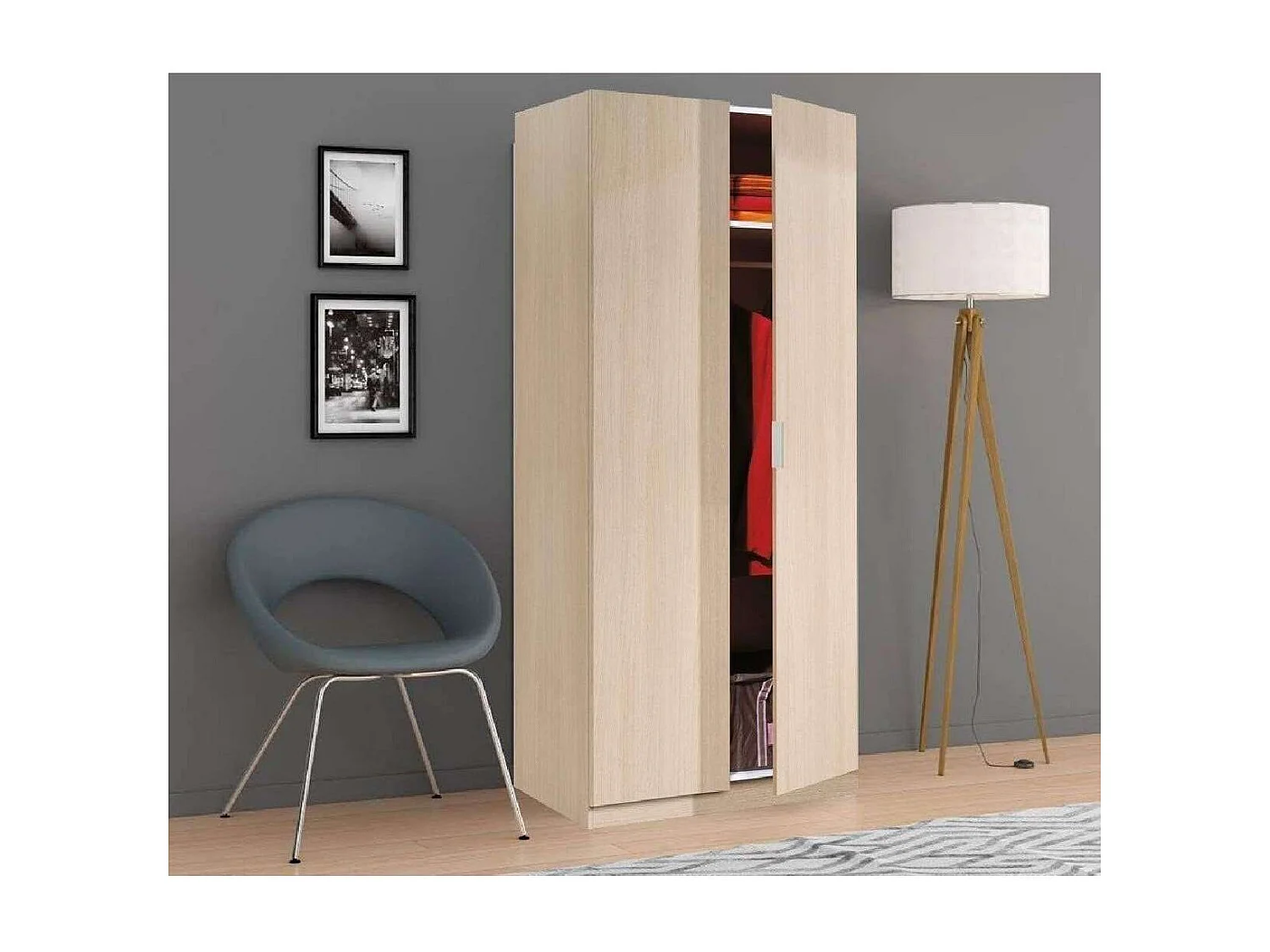 Armario ropero Aroa puertas abatibles acabado roble. 180 cm (alto). 81,5 cm (ancho). 52 cm