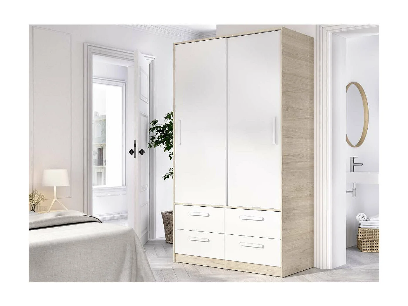 Armario puertas correderas Celia acabado blanco/natural, 204 cm(alto)120 cm(ancho)65 cm(la