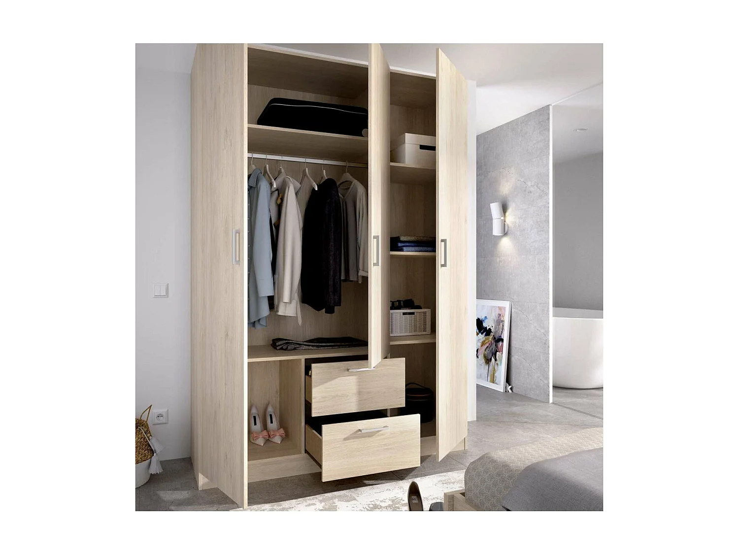 Armario ropero 3 puertas abatibles 2 cajones Huesa en roble natural 215 cm(alto)150 cm(anc