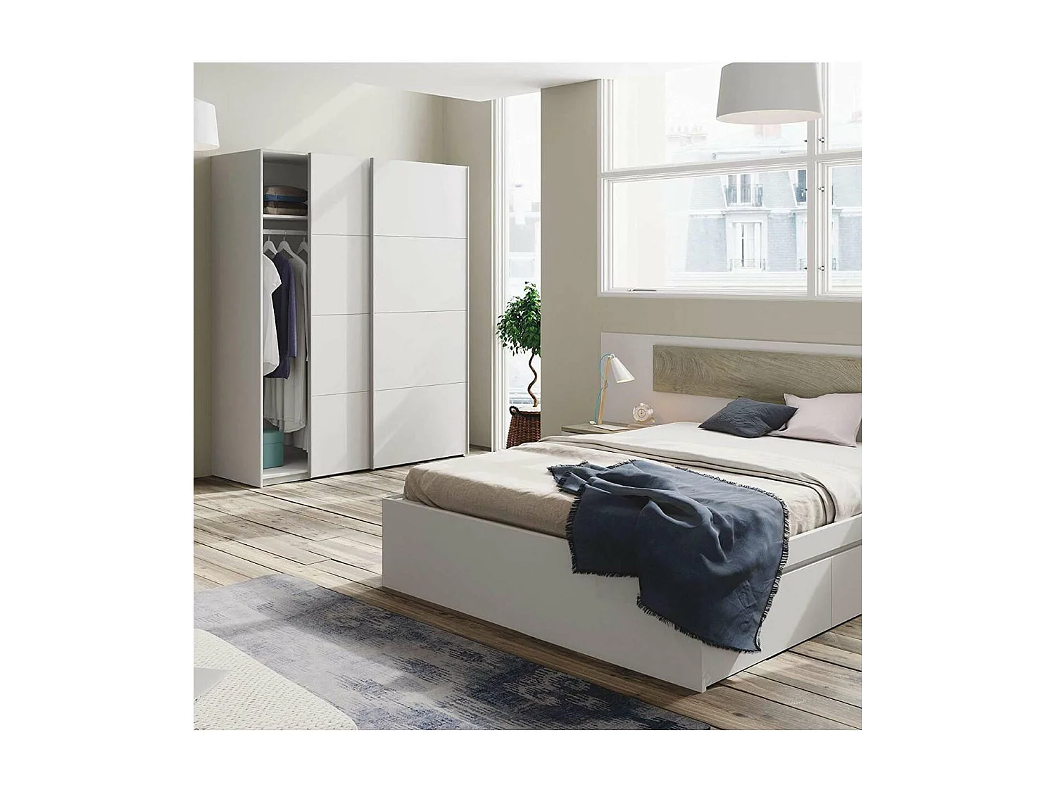 Armario ropero Cuya con dos puertas correderas acabado en blanco, 200cm(alto) 150cm(ancho)